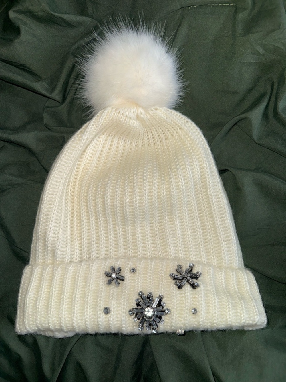 Victoria's Secret Ivory Knit Pom Beanie with Crystal Snowflake Accents